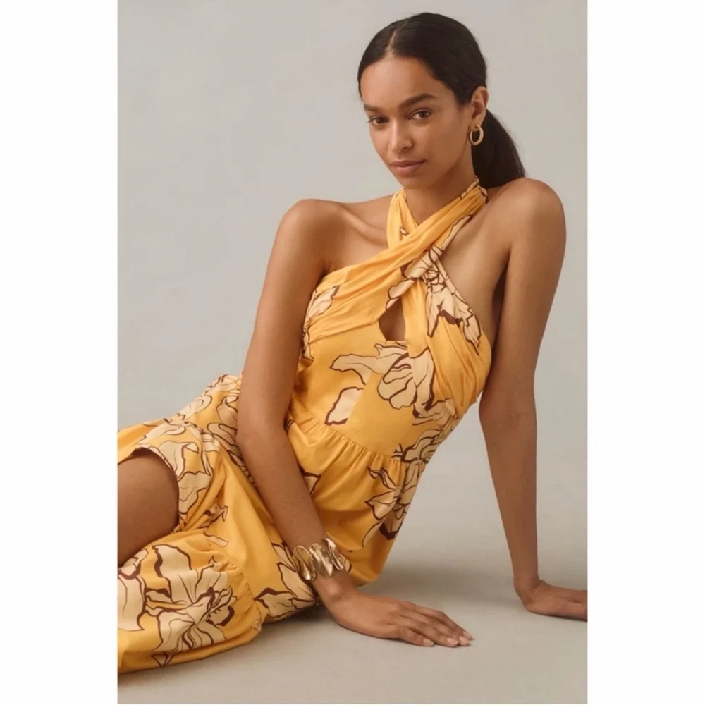 Anthropologie Hutch Maize Yellow Floral Halter Maxi Dress Size 8 NWT - Picture 3 of 5